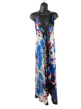 India Boutique Colorful Halter Maxi Dress With Ocean-Inspired Fish Print Free Si